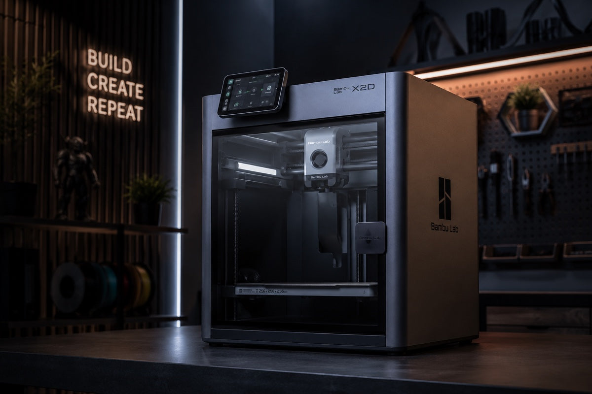 Bambu Lab 3D printer in the Lucid 3D studio with BUILD CREATE REPEAT sign