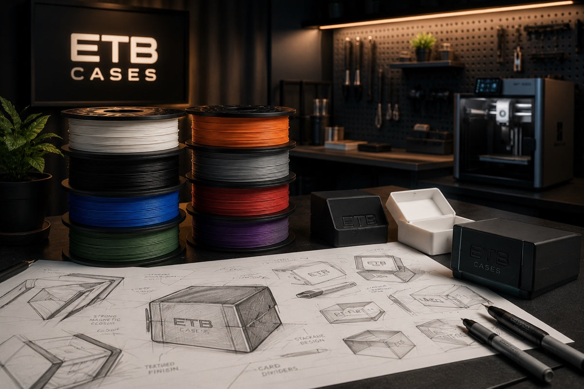 Filament spools, ETB case prototypes, and design sketches in the Lucid 3D studio